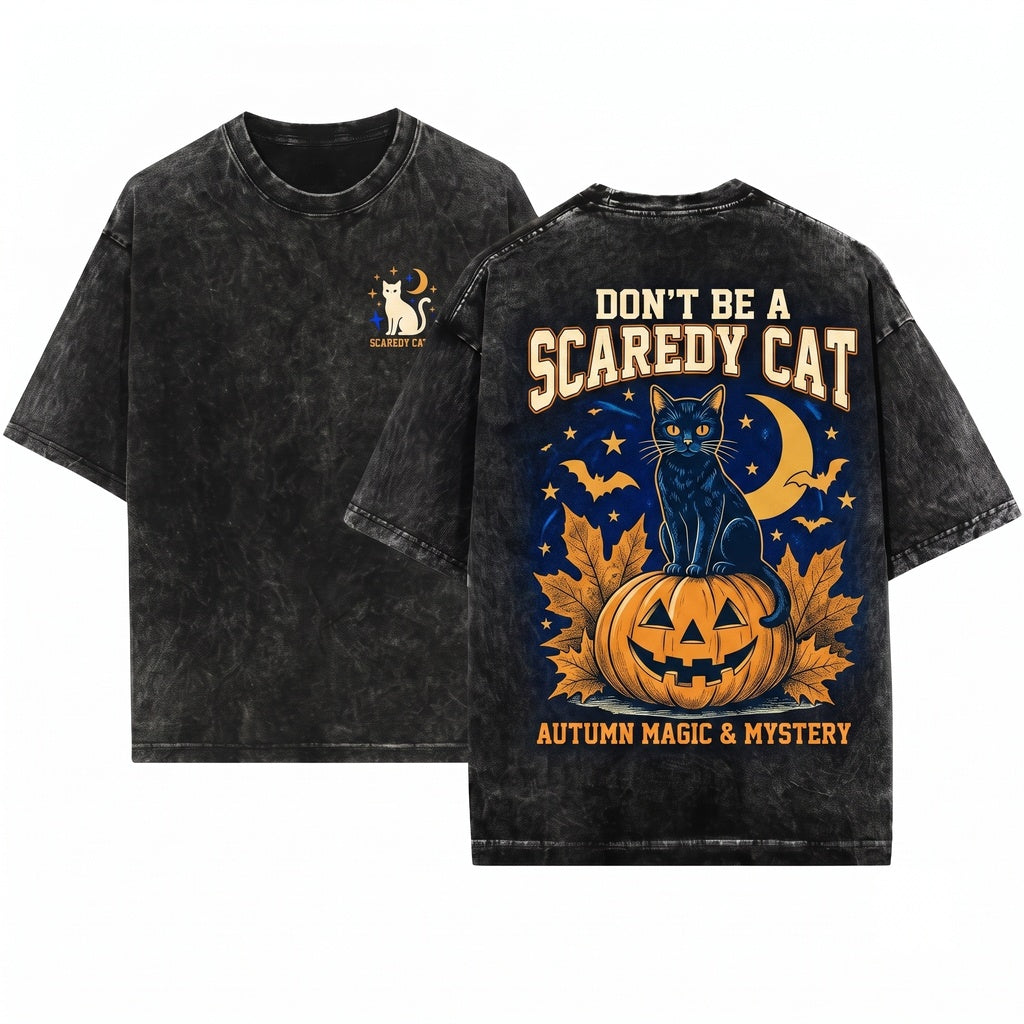 Black Cat Vintage Spooky Season Graphic Unisex Wash T-Shirt