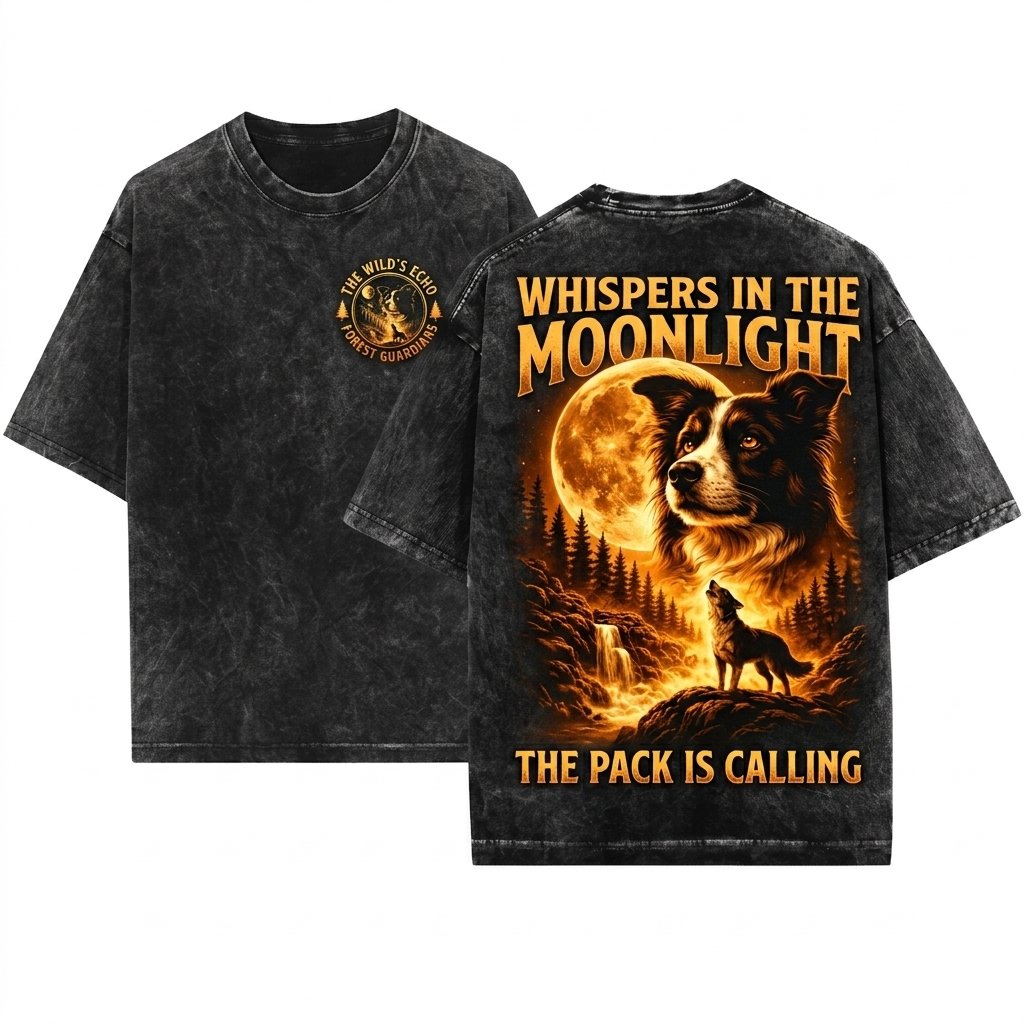 Border Collie Howling Moon Vintage 90s Retro Animal Graphic Gift Silly Dog Unisex Wash T-Shirt