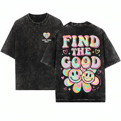 Retro Focus On The Good Positive Quote Vintage Aesthetic Graphic Oversized Apparel Unisex Wash T-Shirt