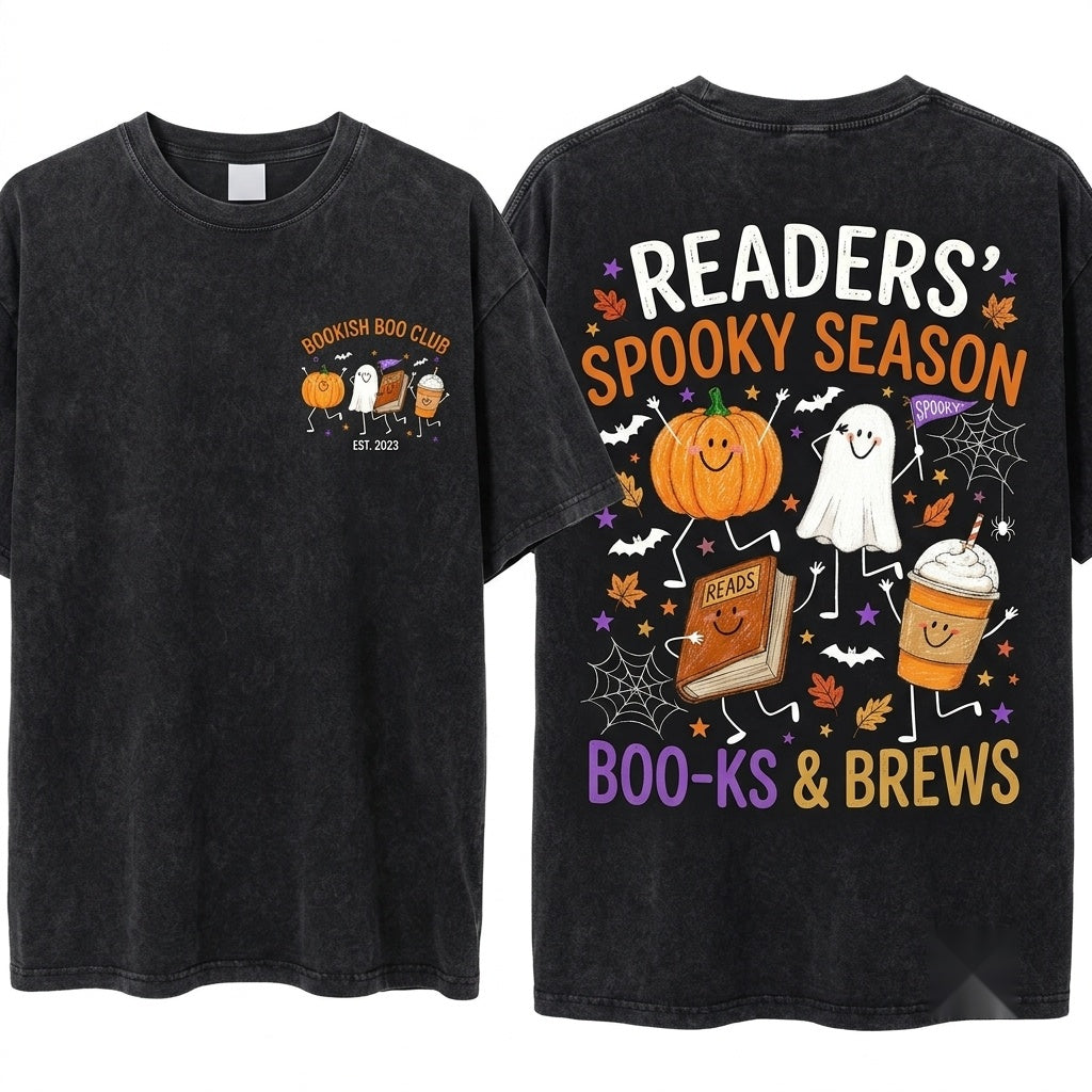 Cute Halloween Doodles Smiling Pumpkin Ghost Book Coffee Characters Cozy Fall Reader Graphic Unisex Wash T-Shirt