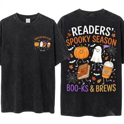 Cute Halloween Doodles Smiling Pumpkin Ghost Book Coffee Characters Cozy Fall Reader Graphic Unisex Wash T-Shirt