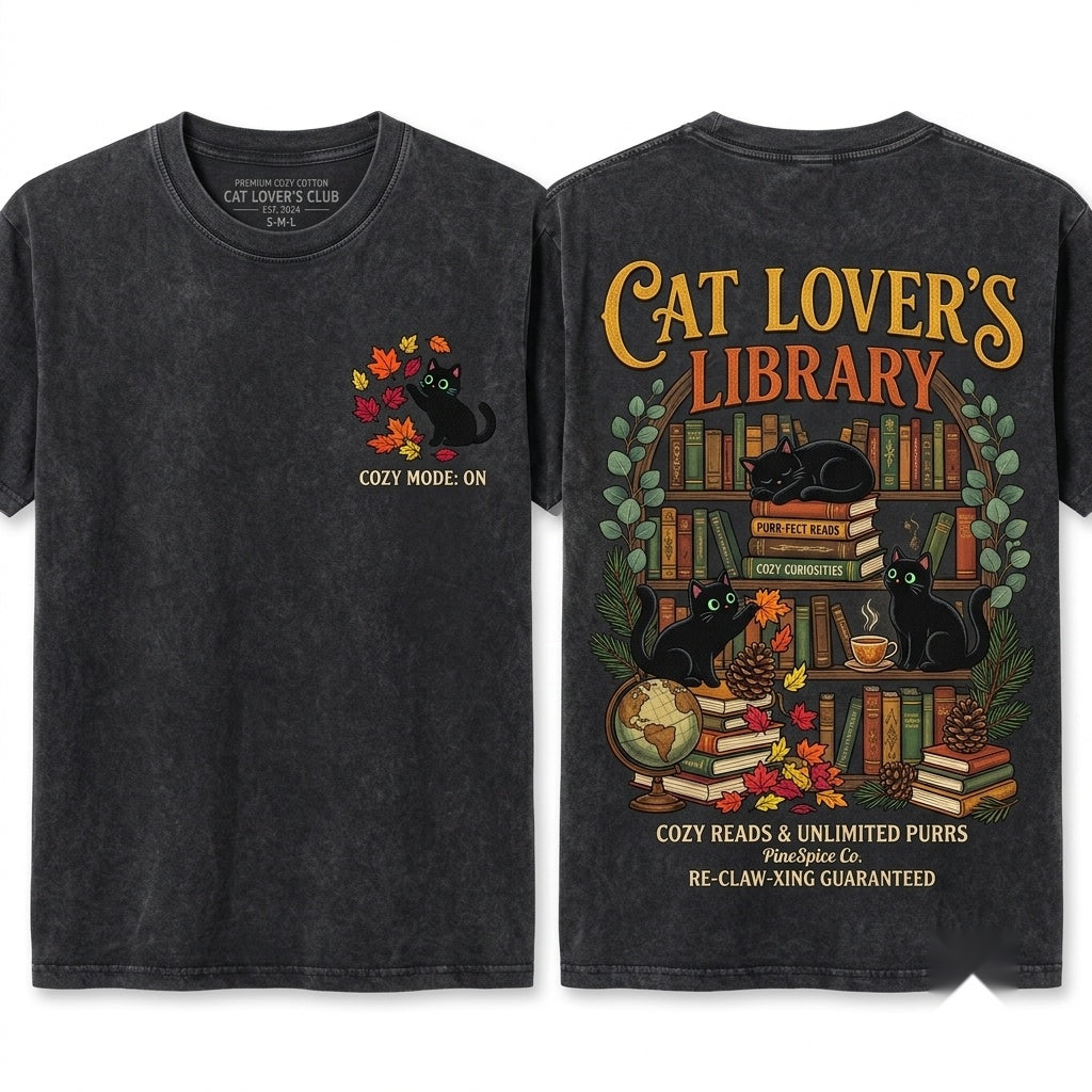Cute Black Cat Autumn Fall Leaves Embroidered Cozy Halloween Unisex Wash T-Shirt