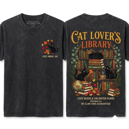 Cute Black Cat Autumn Fall Leaves Embroidered Cozy Halloween Unisex Wash T-Shirt