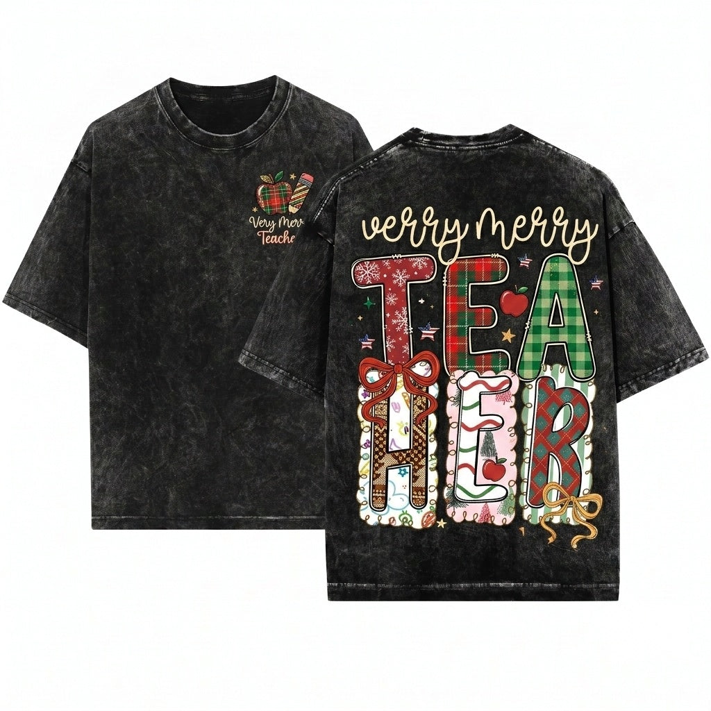 Merry Christmas Teacher PNG Preppy Leopard Plaid Holiday Life Educator Graphic Gift Unisex Wash T-Shirt