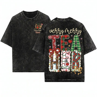 Merry Christmas Teacher PNG Preppy Leopard Plaid Holiday Life Educator Graphic Gift Unisex Wash T-Shirt