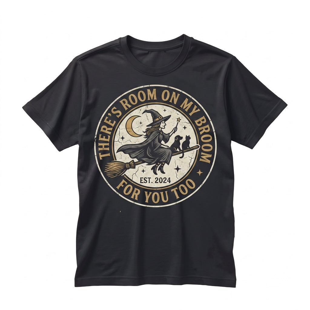 Spooky Witch Flying Broomstick Graphic Novelty Party Apparel - Halloween Fall Season Fun Unisex TShirt