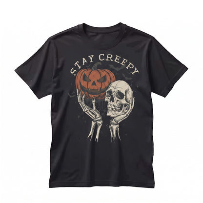 Vintage Halloween Stay Creepy Retro Skeleton Pumpkin Graphic Unisex TShirt