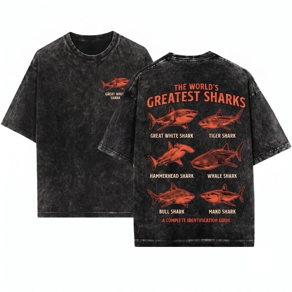 Retro Shark Species Graphic Ocean Animal Y2K Coastal Nature Wildlife Gift Enthusiast Unisex Wash T-Shirt