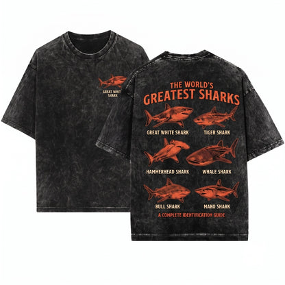 Retro Shark Species Graphic Ocean Animal Y2K Coastal Nature Wildlife Gift Enthusiast Unisex Wash T-Shirt