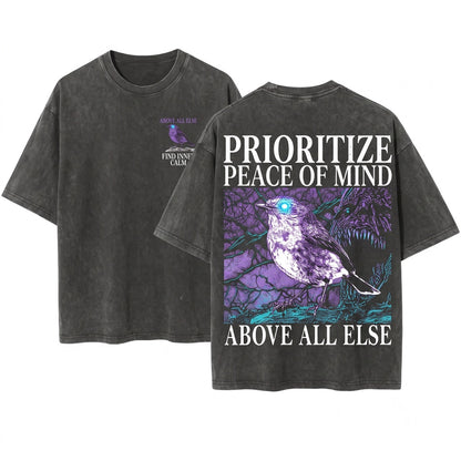 Peace of Mind Above All Else Vintage Japanese Bird Apparel Unisex Wash T-Shirt