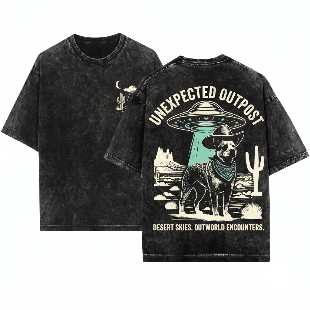 Cowboy Australian Cattle Dog UFO Vintage Western Desert Graphic Blue Heeler Wild West Lovers Gift Unisex Wash T-Shirt