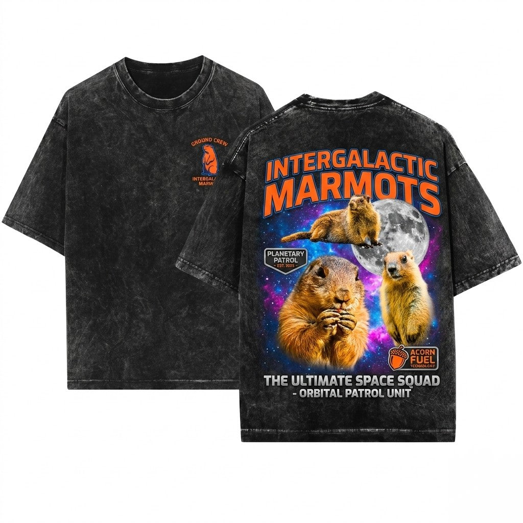 Three Marmot Moon Vintage Retro Graphic Oversized Funny Cute Rodent Prairie Dog Animal Gift Unisex Wash T-Shirt