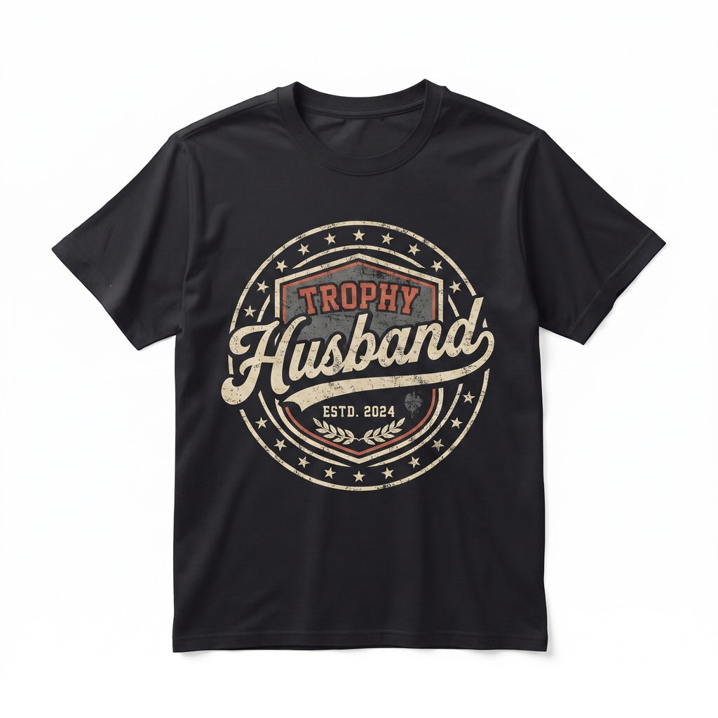 Funny Trophy Husband Est Year Anniversary Gift for Spouse Graphic Cotton Unisex TShirt