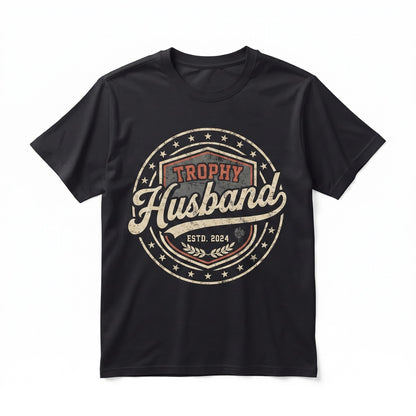 Funny Trophy Husband Est Year Anniversary Gift for Spouse Graphic Cotton Unisex TShirt