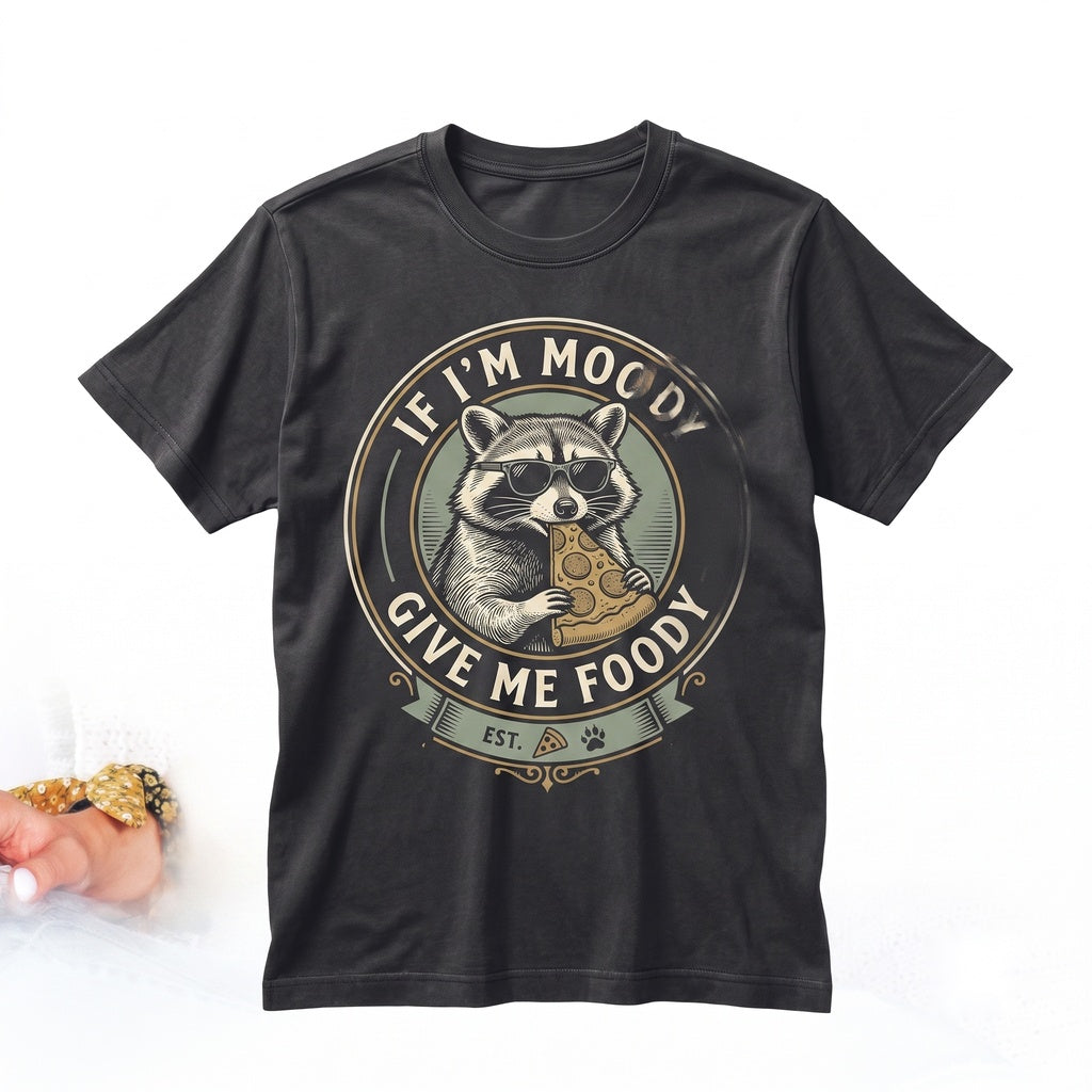 If Im Moody Give Me Foody Funny Raccoon Eating Pizza Sarcastic Food Lover Retro Graphic Gift Unisex TShirt