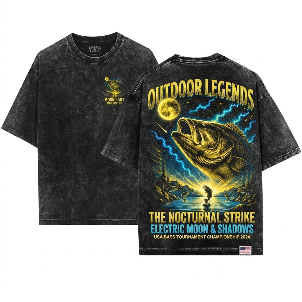Bass Fish Howling Moon Vintage Apparel Men Retro Angler Gift 90s Animal Graphic Unisex Wash T-Shirt