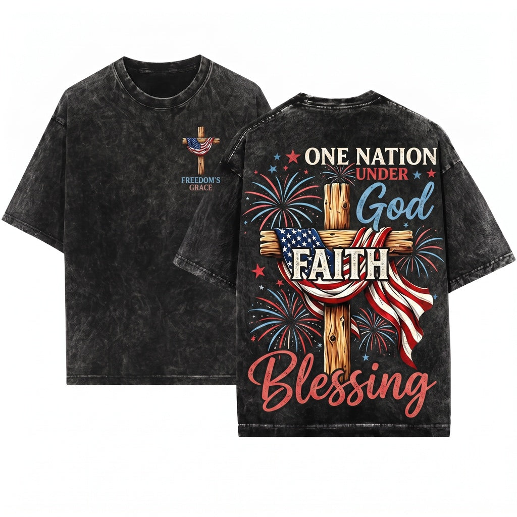 American Flag 250 Years Freedom Patriotic 4th July Firework USA God Blessing Unisex Wash T-Shirt
