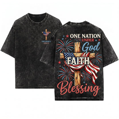American Flag 250 Years Freedom Patriotic 4th July Firework USA God Blessing Unisex Wash T-Shirt