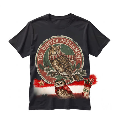 Festive Christmas Owl Trio Vintage Holiday Bird Graphic Gift Unisex TShirt