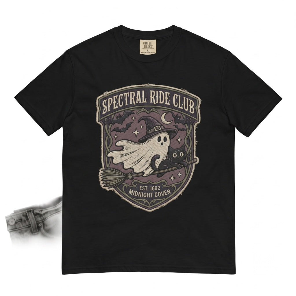 Spooky Halloween Ghost Witch Black Cat Broomstick Night Sky Autumn Seasonal Gift Graphic Unisex TShirt