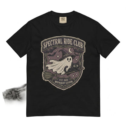 Spooky Halloween Ghost Witch Black Cat Broomstick Night Sky Autumn Seasonal Gift Graphic Unisex TShirt