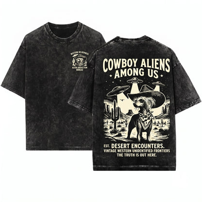 Vintage Chinese Crested Dog UFO Western Cowboy Retro Alien Hairless Desert Gift For Mom Dad Funny Unisex Wash T-Shirt