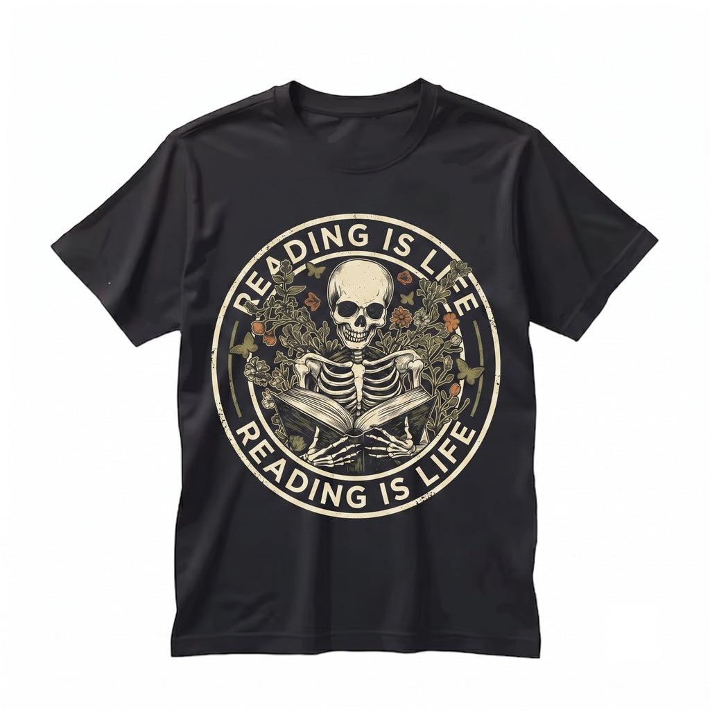 Read In Peace Skeleton Book Graphic Dark Gothic Floral Butterfly Unisex TShirt
