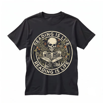 Read In Peace Skeleton Book Graphic Dark Gothic Floral Butterfly Unisex TShirt