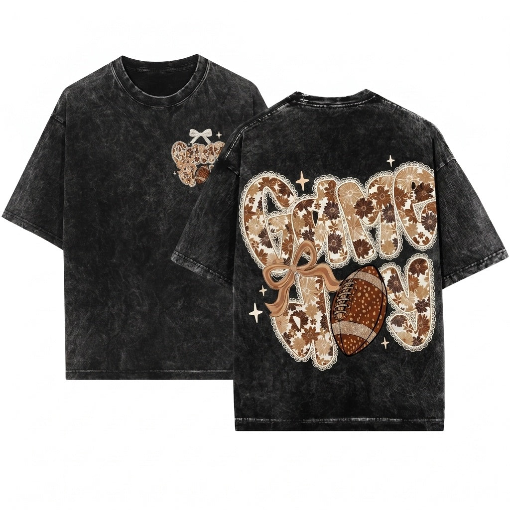 Preppy Vintage Lace Floral Football Game Day Touchdown Season Doodles Unisex Wash T-Shirt