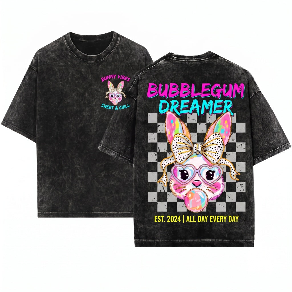 Easter Bunny Coquette Happy Brushstroke Womens Graphic Unisex Wash T-Shirt