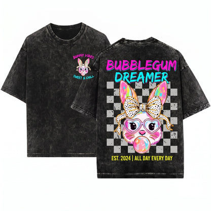 Easter Bunny Coquette Happy Brushstroke Womens Graphic Unisex Wash T-Shirt