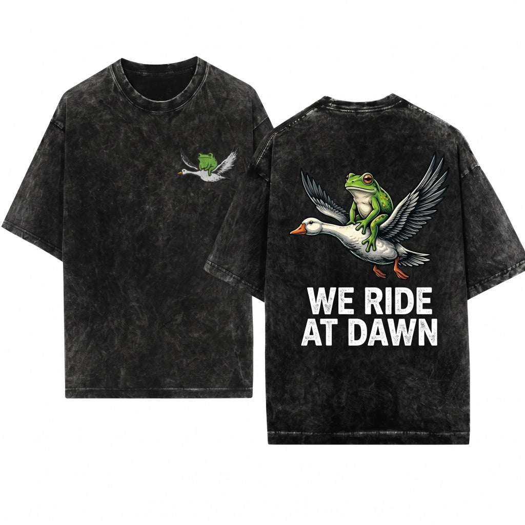 We Ride at Dawn Funny Frog Goose Embroidered 1717 Chaotic Animal Whimsical Gamer Gift Unisex Wash T-Shirt