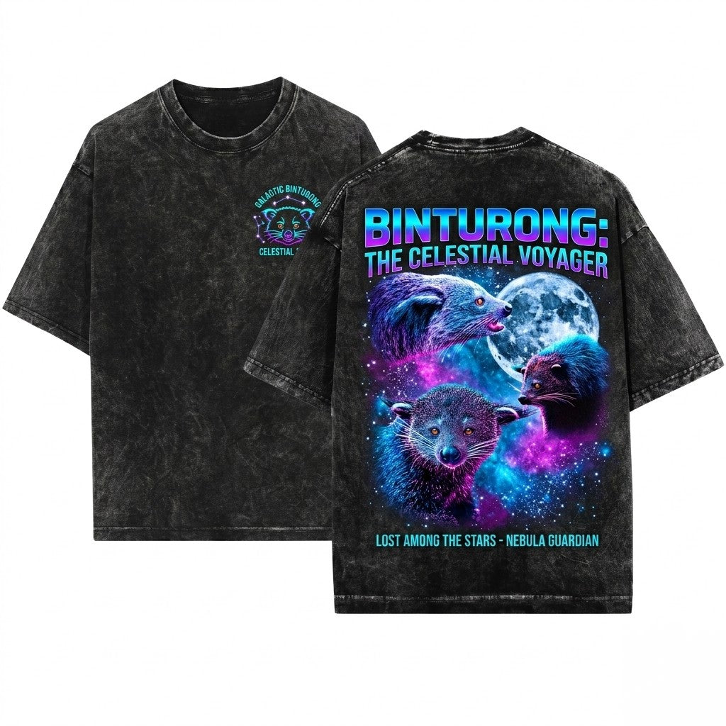 Three Binturong Bearcat Moon Retro Funny Jungle Wildlife Graphic Oversized Gift Unisex Wash T-Shirt