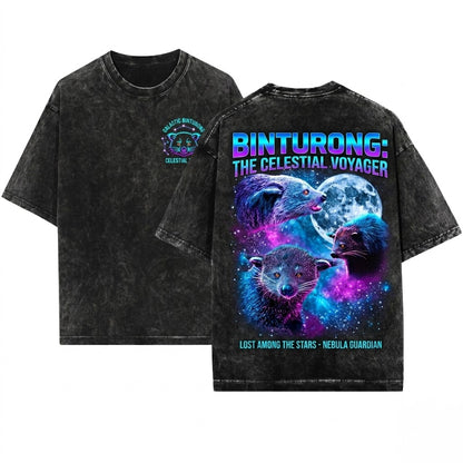 Three Binturong Bearcat Moon Retro Funny Jungle Wildlife Graphic Oversized Gift Unisex Wash T-Shirt