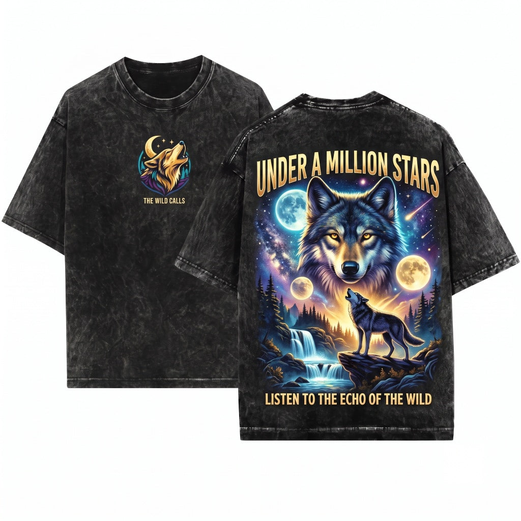 Vintage 90s Howling Wolf Graphic Grunge Retro Faded Nature Galaxy Y2k Streetwear 2000s Gift Unisex Wash T-Shirt