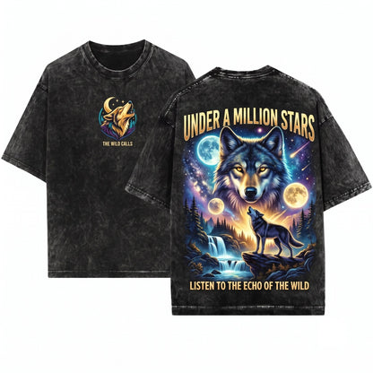 Vintage 90s Howling Wolf Graphic Grunge Retro Faded Nature Galaxy Y2k Streetwear 2000s Gift Unisex Wash T-Shirt