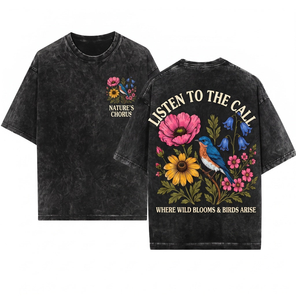 Vintage Bluebird Botanical Flower Graphic Classic Wildflower Garden Nature Lover Gift Unisex Wash T-Shirt