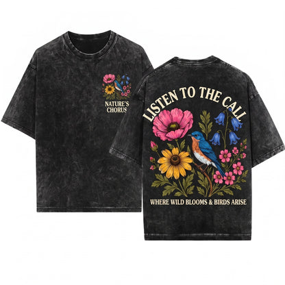 Vintage Bluebird Botanical Flower Graphic Classic Wildflower Garden Nature Lover Gift Unisex Wash T-Shirt