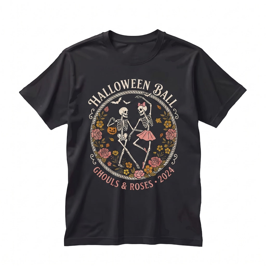 Dancing Skeleton Couple Halloween Party Autumn Fall Leaves Spooky Graphic Unisex TShirt
