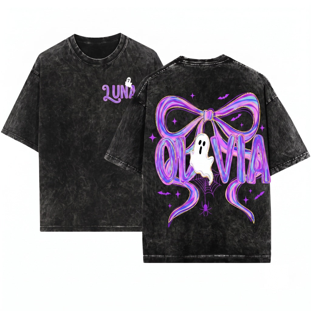 Cute Custom Name Neon Spooky Ghost Brushstroke Boo Bow Toddler Preppy Halloween Unisex Wash T-Shirt