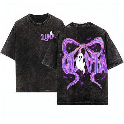 Cute Custom Name Neon Spooky Ghost Brushstroke Boo Bow Toddler Preppy Halloween Unisex Wash T-Shirt