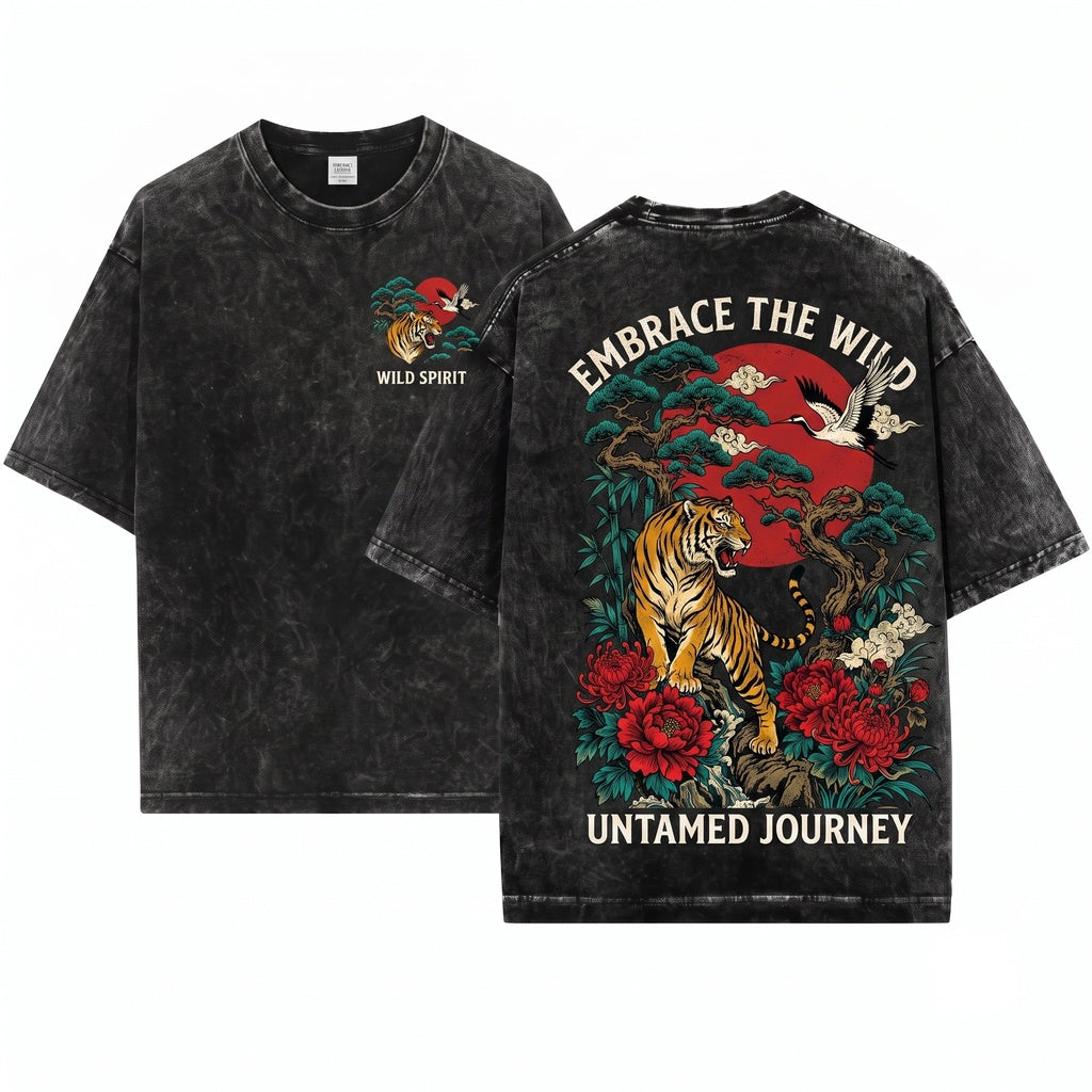 Vintage Japanese Tiger Graphic Floral Asian Art Samurai Nature Style Gift Unisex Wash T-Shirt