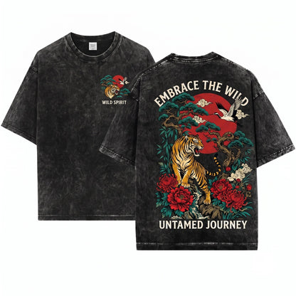 Vintage Japanese Tiger Graphic Floral Asian Art Samurai Nature Style Gift Unisex Wash T-Shirt