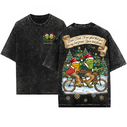 Cute Frog Toad Best Friends Front Back Graphic Christmas Holiday Gift Unisex Wash T-Shirt
