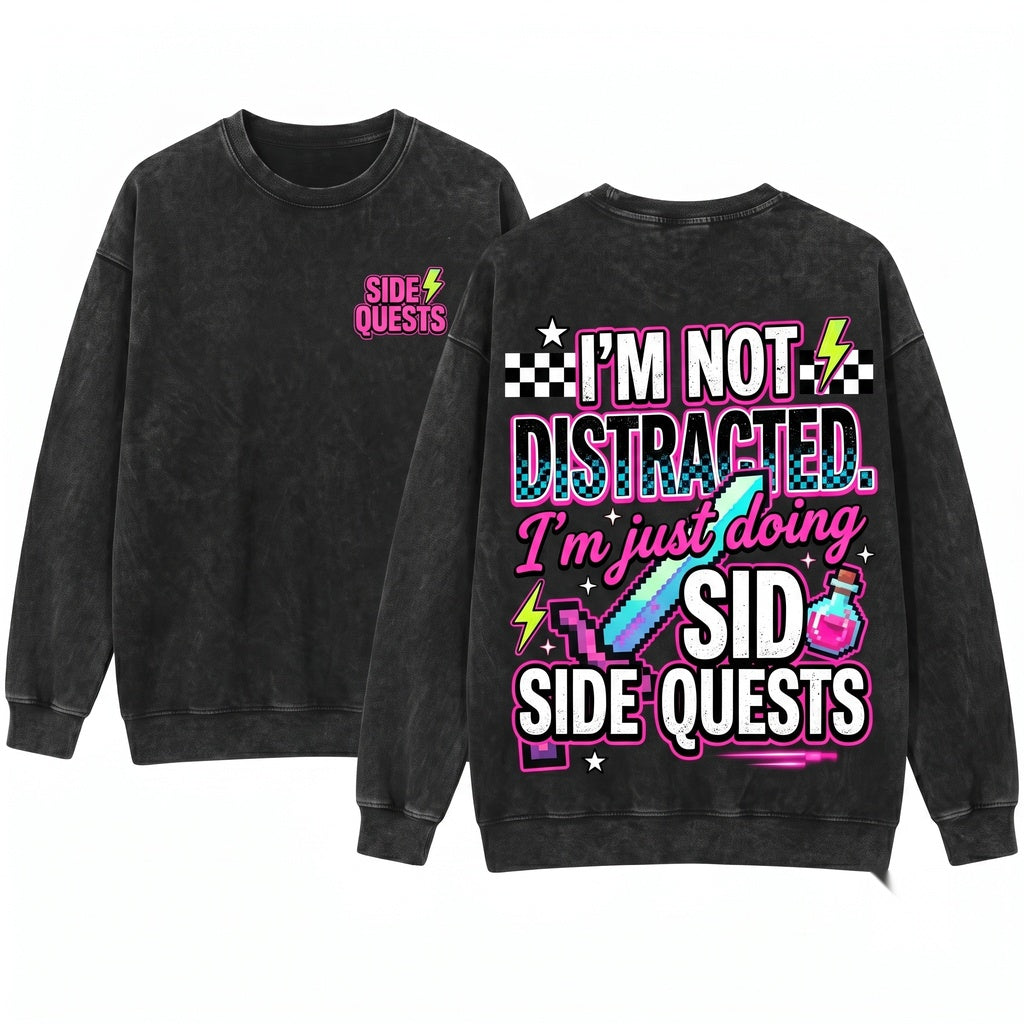 Im Not Distracted Doing Side Quests Funny Sassy Quote Coquette Distressed Grunge Checkered Womens Sarcasm Unisex Wash T-Shirt