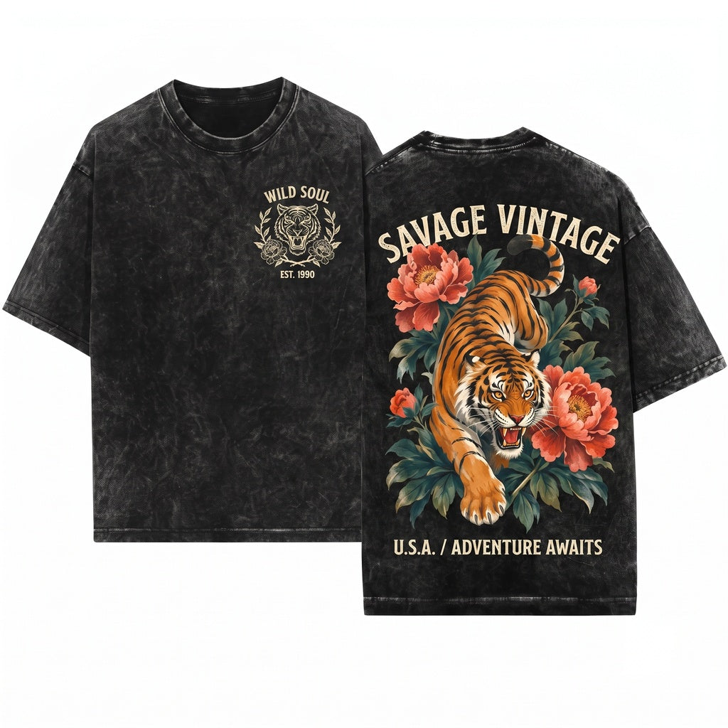 Vintage Tiger Peony Floral Graphic Wildlife Botanical Nature Lover Gift Unisex Wash T-Shirt