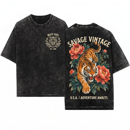 Vintage Tiger Peony Floral Graphic Wildlife Botanical Nature Lover Gift Unisex Wash T-Shirt