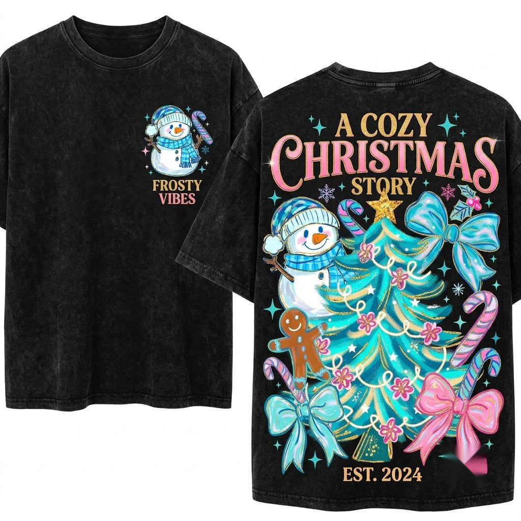Blue Brushstroke Snowman Christmas Tree Preppy Coquette Cozy Freezin Winter Season Unisex Wash T-Shirt