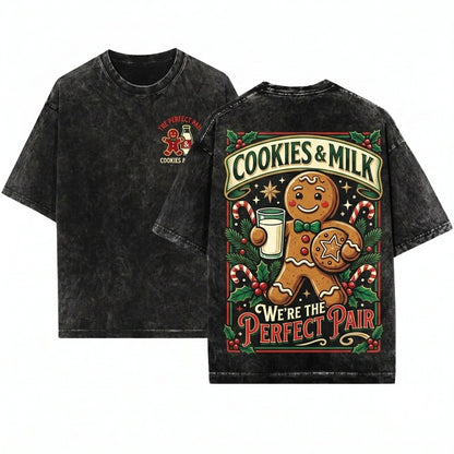 Cute Gingerbread Couple Cookies and Milk Matching Christmas Pajama Holiday Unisex Wash T-Shirt