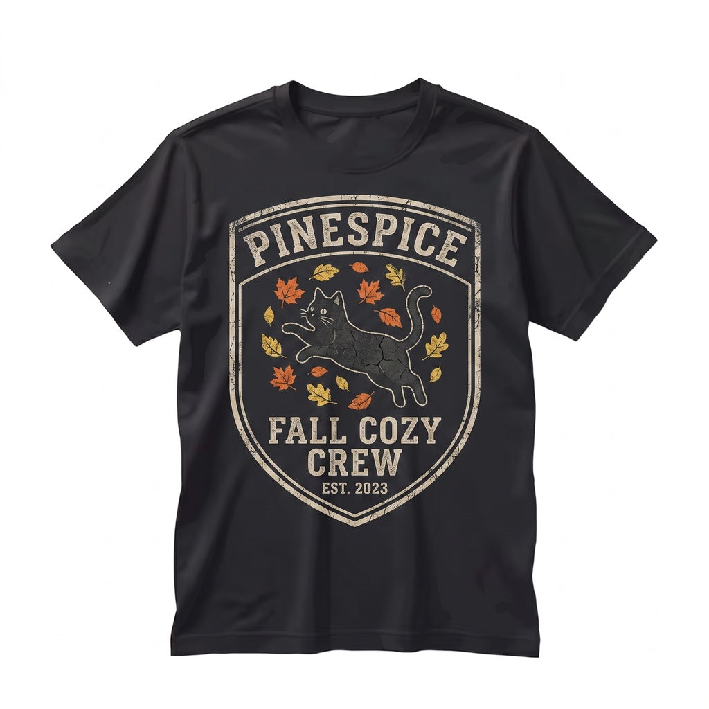 Black Cat Fall Leaves Embroidered Cozy Autumn Feline Lover Gift Unisex TShirt